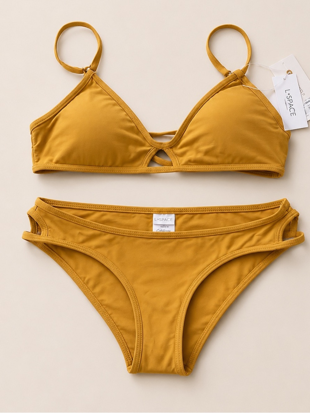 L*Space NWT Mustard Bikini Set Triangle Top M & Side Cutout Bottom XS